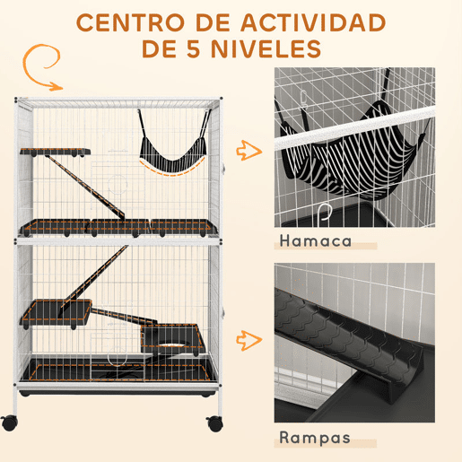 PawHut Gaiola para Roedores 80x52x128 cm Casa de 4 Alturas com Rampas Suspensa Rede Bandeja Removível Rodas Portas Branco Rajado e Preto
