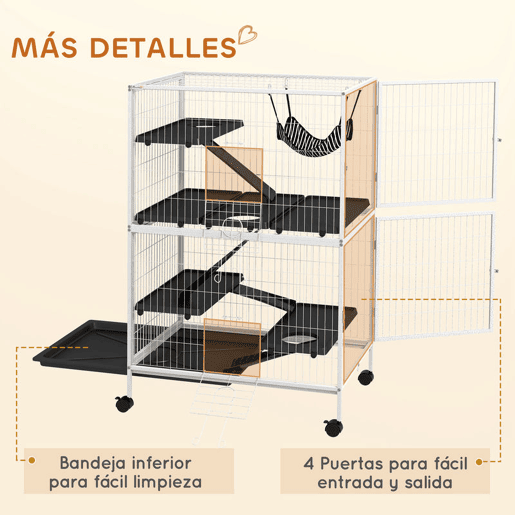 PawHut Gaiola para Roedores 80x52x128 cm Casa de 4 Alturas com Rampas Suspensa Rede Bandeja Removível Rodas Portas Branco Rajado e Preto