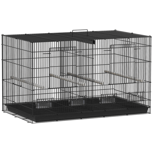 PawHut Gaiola para Pássaros com Divisória Gaiola para Aves com 4 Comedouros 4 Poleiros e Bandeja Amovível Gaiola para Canários Periquitos 76x46x46 cm Preto