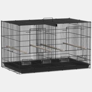 PawHut Gaiola para Pássaros com Divisória Gaiola para Aves com 4 Comedouros 4 Poleiros e Bandeja Amovível Gaiola para Canários Periquitos 76x46x46 cm Preto