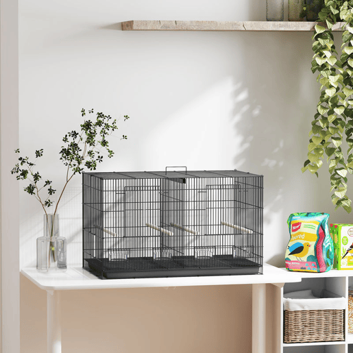 PawHut Gaiola para Pássaros com Divisória Gaiola para Aves com 4 Comedouros 4 Poleiros e Bandeja Amovível Gaiola para Canários Periquitos 76x46x46 cm Preto