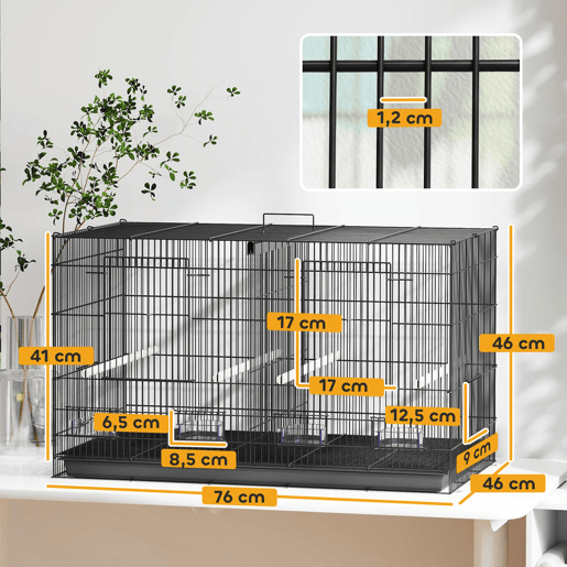 PawHut Gaiola para Pássaros com Divisória Gaiola para Aves com 4 Comedouros 4 Poleiros e Bandeja Amovível Gaiola para Canários Periquitos 76x46x46 cm Preto