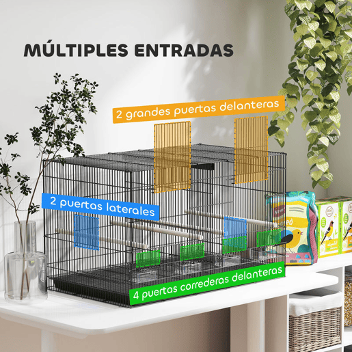 PawHut Gaiola para Pássaros com Divisória Gaiola para Aves com 4 Comedouros 4 Poleiros e Bandeja Amovível Gaiola para Canários Periquitos 76x46x46 cm Preto