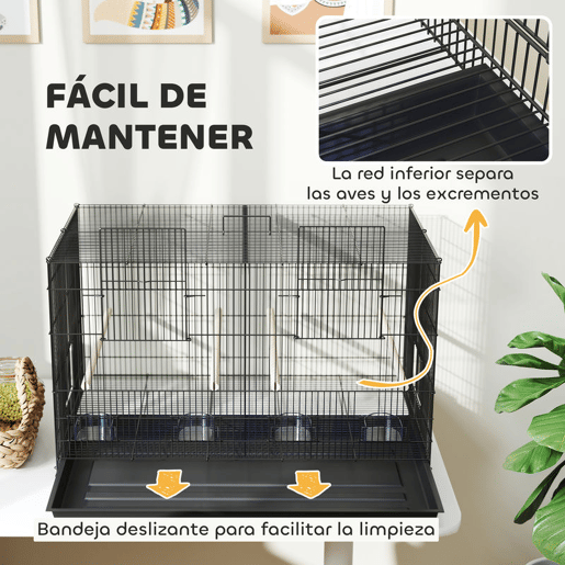 PawHut Gaiola para Pássaros com Divisória Gaiola para Aves com 4 Comedouros 4 Poleiros e Bandeja Amovível Gaiola para Canários Periquitos 76x46x46 cm Preto