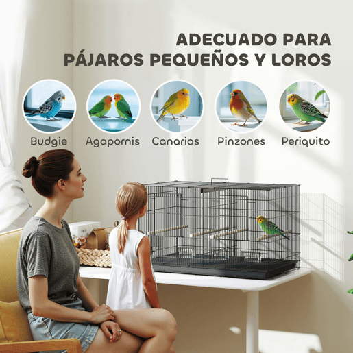 PawHut Gaiola para Pássaros com Divisória Gaiola para Aves com 4 Comedouros 4 Poleiros e Bandeja Amovível Gaiola para Canários Periquitos 76x46x46 cm Preto