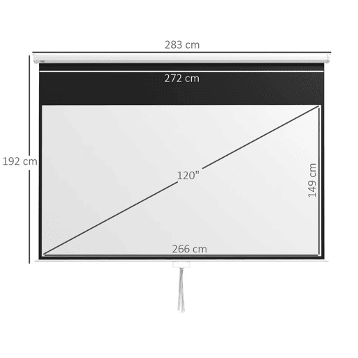 HOMCOM Tela de Projeção Manual 120 Polegadas Tela de Projeção Portátil Formato 16:9 com Altura Ajustável para Interior e Exterior Cinema em Casa 283x8x192 cm Branco