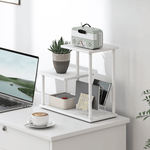 HOMCOM Estante Efeito Madeira Estante para Livros de 3 Níveis Estilo Moderna com Estrutura de Metal Prateleira de Arrumação para Secretária Escritório Cozinha 40x20x34,5 cm Branco