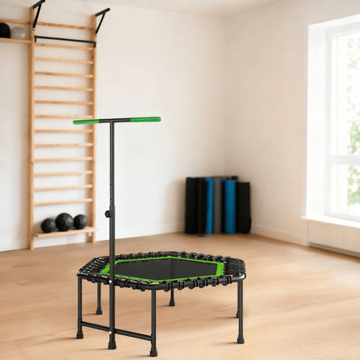 SPORTNOW Trampolim Fitness 114x114x132 cm Trampolim Fitness com Guiador Ajustável em 3 Níveis Estrutura de Aço para Treino de Perna Corpo em Casa Escritório Ginásio Verde