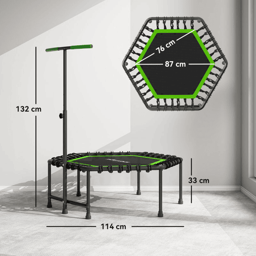 SPORTNOW Trampolim Fitness 114x114x132 cm Trampolim Fitness com Guiador Ajustável em 3 Níveis Estrutura de Aço para Treino de Perna Corpo em Casa Escritório Ginásio Verde