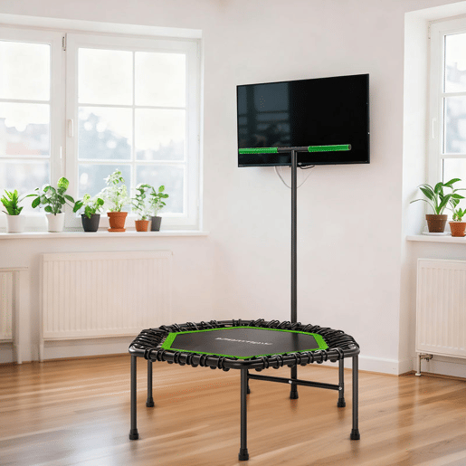 SPORTNOW Trampolim Fitness 114x114x132 cm Trampolim Fitness com Guiador Ajustável em 3 Níveis Estrutura de Aço para Treino de Perna Corpo em Casa Escritório Ginásio Verde