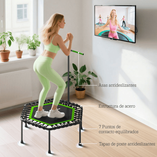 SPORTNOW Trampolim Fitness 114x114x132 cm Trampolim Fitness com Guiador Ajustável em 3 Níveis Estrutura de Aço para Treino de Perna Corpo em Casa Escritório Ginásio Verde