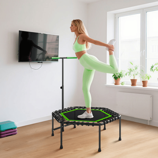 SPORTNOW Trampolim Fitness 114x114x132 cm Trampolim Fitness com Guiador Ajustável em 3 Níveis Estrutura de Aço para Treino de Perna Corpo em Casa Escritório Ginásio Verde