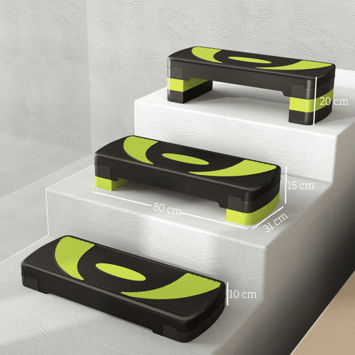 HOMCOM Step para Exercício Aeróbico Plataforma Step com Altura Ajustável em 3 Níveis com Carga Máxima 150kg para Exercício em Academia Casa 80x31x10-20 cm Verde e Preto