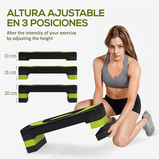 HOMCOM Step para Exercício Aeróbico Plataforma Step com Altura Ajustável em 3 Níveis com Carga Máxima 150kg para Exercício em Academia Casa 80x31x10-20 cm Verde e Preto