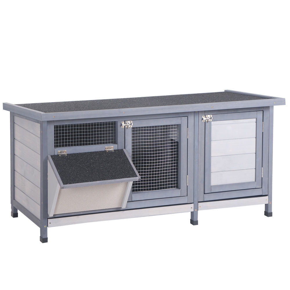 Pawhut conejera de madera, jaula para conejos con techo asfáltico abatible, puertas con pestillo, bandejas extraíbles y comedero, conejera para exterior, 112x50x54 cm, gris