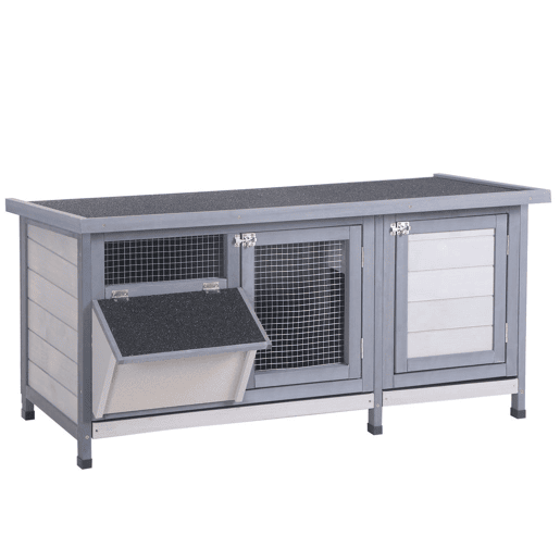 PawHut Coelheira de Madeira Gaiola para Coelhos com Telhado Asfáltico Rebatível Portas com Fecho Bandejas Removíveis e Comedouro Coelheira para Exterior 112x50x54 cm Cinzento