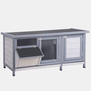 PawHut Coelheira de Madeira Gaiola para Coelhos com Telhado Asfáltico Rebatível Portas com Fecho Bandejas Removíveis e Comedouro Coelheira para Exterior 112x50x54 cm Cinzento