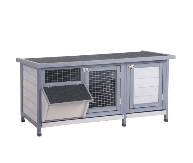 Pawhut conejera de madera, jaula para conejos con techo asfáltico abatible, puertas con pestillo, bandejas extraíbles y comedero, conejera para exterior, 112x50x54 cm, gris