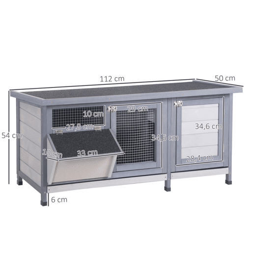 PawHut Coelheira de Madeira Gaiola para Coelhos com Telhado Asfáltico Rebatível Portas com Fecho Bandejas Removíveis e Comedouro Coelheira para Exterior 112x50x54 cm Cinzento