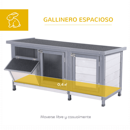 PawHut Coelheira de Madeira Gaiola para Coelhos com Telhado Asfáltico Rebatível Portas com Fecho Bandejas Removíveis e Comedouro Coelheira para Exterior 112x50x54 cm Cinzento