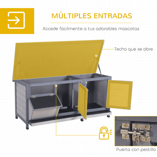 PawHut Coelheira de Madeira Gaiola para Coelhos com Telhado Asfáltico Rebatível Portas com Fecho Bandejas Removíveis e Comedouro Coelheira para Exterior 112x50x54 cm Cinzento