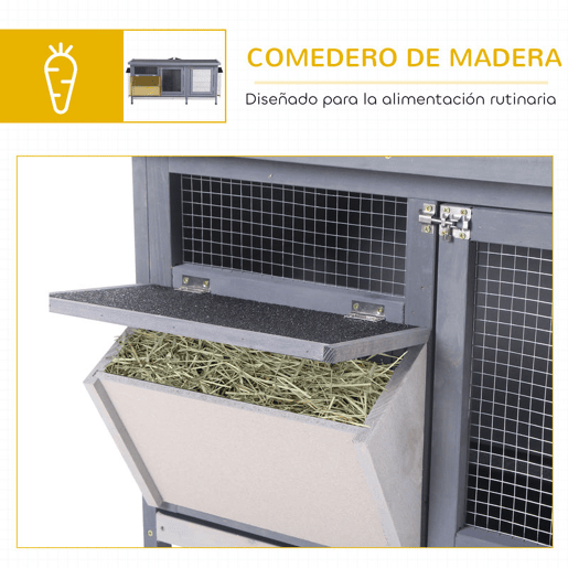 PawHut Coelheira de Madeira Gaiola para Coelhos com Telhado Asfáltico Rebatível Portas com Fecho Bandejas Removíveis e Comedouro Coelheira para Exterior 112x50x54 cm Cinzento