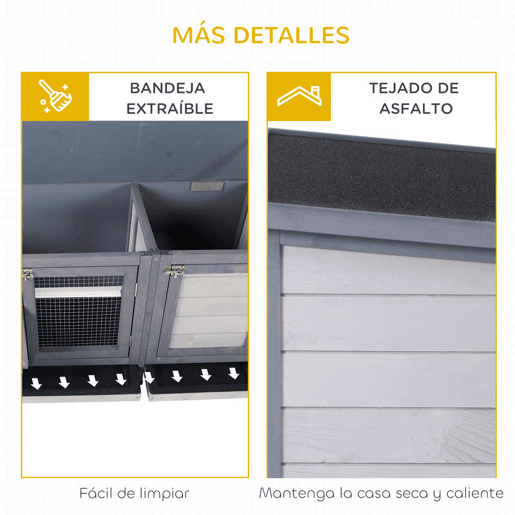 PawHut Coelheira de Madeira Gaiola para Coelhos com Telhado Asfáltico Rebatível Portas com Fecho Bandejas Removíveis e Comedouro Coelheira para Exterior 112x50x54 cm Cinzento