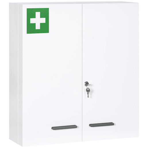 kleankin Armário para Medicamentos Armário de Primeiros Socorros de Parede em Aço de 3 Níveis Armário de Casa de Banho com Fecho e 2 Chaves para Cozinha 55x18x60 cm Branco