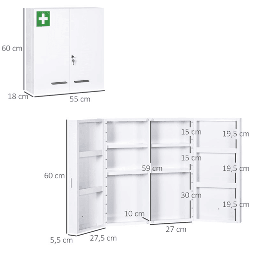 kleankin Armário para Medicamentos Armário de Primeiros Socorros de Parede em Aço de 3 Níveis Armário de Casa de Banho com Fecho e 2 Chaves para Cozinha 55x18x60 cm Branco