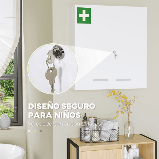 kleankin Armário para Medicamentos Armário de Primeiros Socorros de Parede em Aço de 3 Níveis Armário de Casa de Banho com Fecho e 2 Chaves para Cozinha 55x18x60 cm Branco
