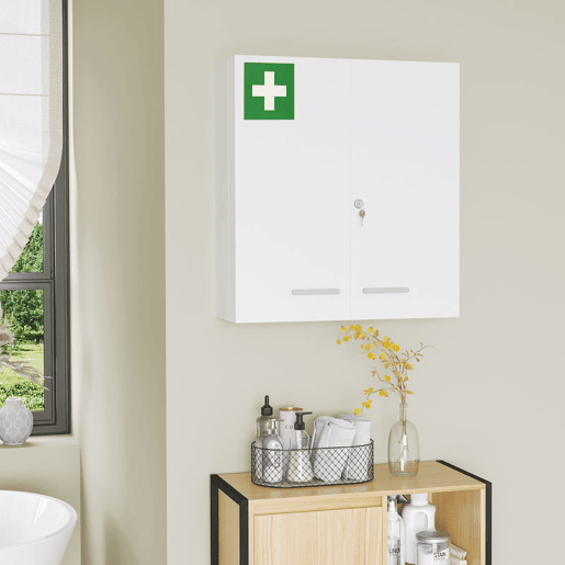 kleankin Armário para Medicamentos Armário de Primeiros Socorros de Parede em Aço de 3 Níveis Armário de Casa de Banho com Fecho e 2 Chaves para Cozinha 55x18x60 cm Branco