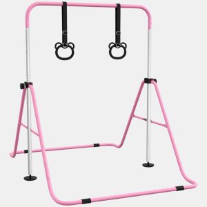 HOMCOM Barra de Ginástica para Crianças com Altura Ajustável em 5 Níveis e Anéis Barra de Treino de Ginástica Dobrável 148x105x88-128 cm Rosa