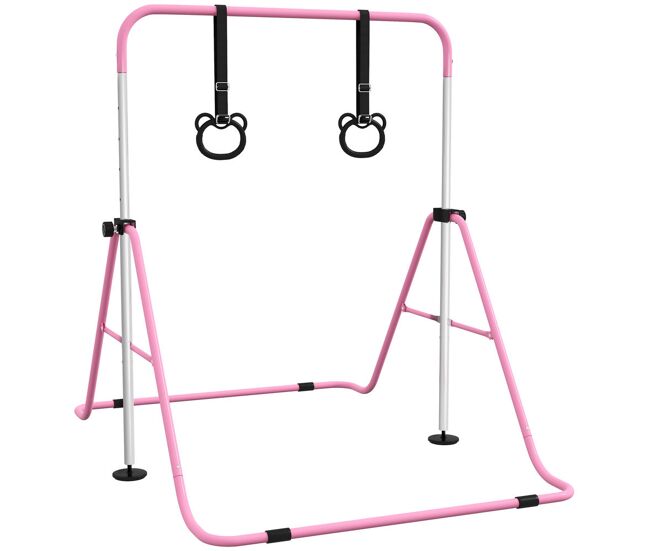 Homcom barra de gimnasia para niños con altura ajustable en 5 niveles y anillos, barra de entrenamiento de gimnasia plegable en casa, rosa