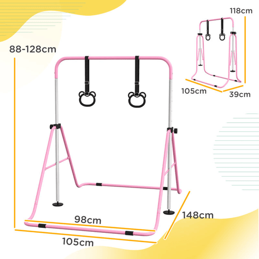 HOMCOM Barra de Ginástica para Crianças com Altura Ajustável em 5 Níveis e Anéis Barra de Treino de Ginástica Dobrável 148x105x88-128 cm Rosa