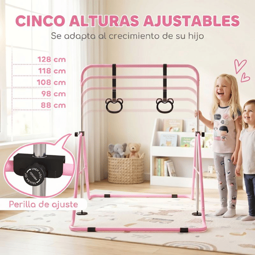 HOMCOM Barra de Ginástica para Crianças com Altura Ajustável em 5 Níveis e Anéis Barra de Treino de Ginástica Dobrável 148x105x88-128 cm Rosa