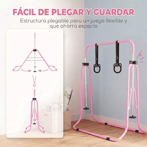 HOMCOM Barra de Ginástica para Crianças com Altura Ajustável em 5 Níveis e Anéis Barra de Treino de Ginástica Dobrável 148x105x88-128 cm Rosa