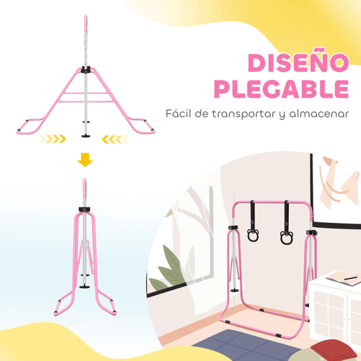 HOMCOM Barra de Ginástica para Crianças com Altura Ajustável em 5 Níveis e Anéis Barra de Treino de Ginástica Dobrável 148x105x88-128 cm Rosa