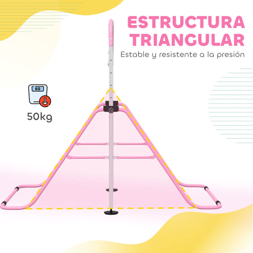 HOMCOM Barra de Ginástica para Crianças com Altura Ajustável em 5 Níveis e Anéis Barra de Treino de Ginástica Dobrável 148x105x88-128 cm Rosa