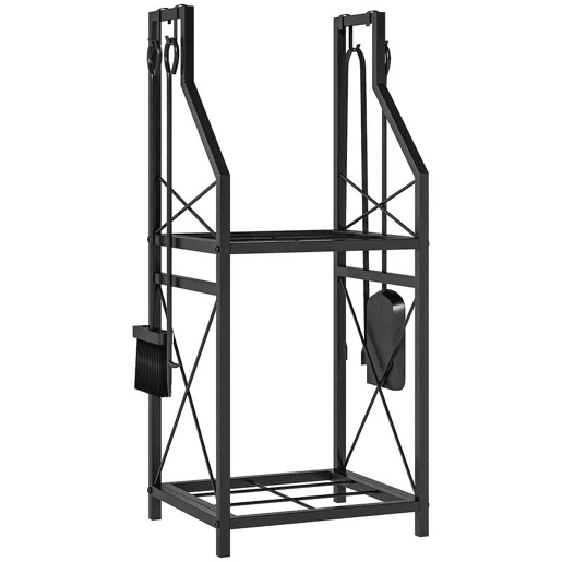 Outsunny Suporte Metálico para Lenha 2 Níveis com 4 Ferramentas Ganchos e Base Elevada para Interior e Exterior 34x30x80 cm Preto