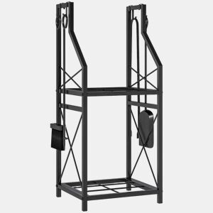 Outsunny Suporte Metálico para Lenha 2 Níveis com 4 Ferramentas Ganchos e Base Elevada para Interior e Exterior 34x30x80 cm Preto