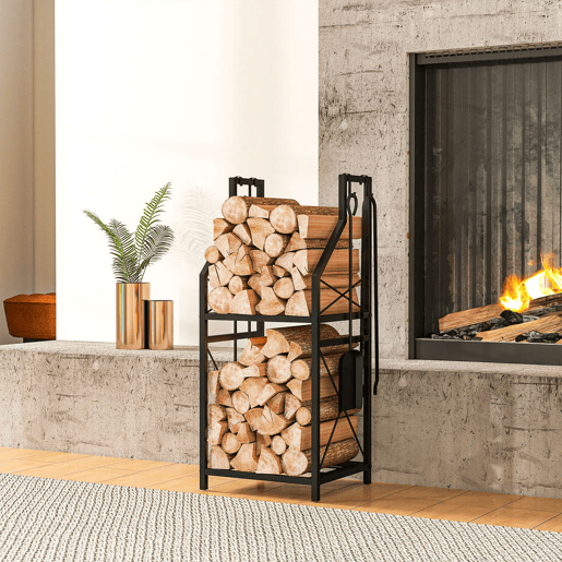 Outsunny Suporte Metálico para Lenha 2 Níveis com 4 Ferramentas Ganchos e Base Elevada para Interior e Exterior 34x30x80 cm Preto