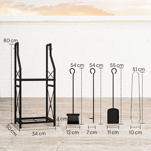 Outsunny Suporte Metálico para Lenha 2 Níveis com 4 Ferramentas Ganchos e Base Elevada para Interior e Exterior 34x30x80 cm Preto