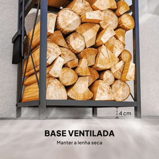 Outsunny Suporte Metálico para Lenha 2 Níveis com 4 Ferramentas Ganchos e Base Elevada para Interior e Exterior 34x30x80 cm Preto