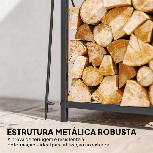 Outsunny Suporte Metálico para Lenha 2 Níveis com 4 Ferramentas Ganchos e Base Elevada para Interior e Exterior 34x30x80 cm Preto