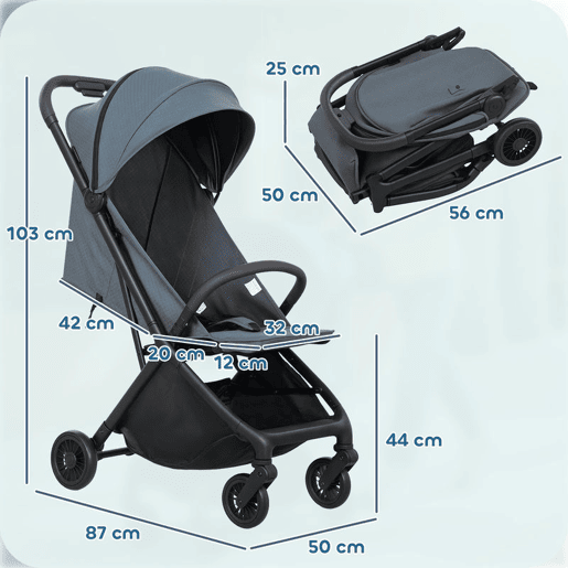 AIYAPLAY Carrinho de Bebé Leve Carrinho de Bebé Dobrável com Encosto Reclinável Apoia-Pés Ajustável Capota Arnês de 5 Pontos Rodas com Suspensão Carga Máxima 15 kg 87x50x103 cm Azul Escuro