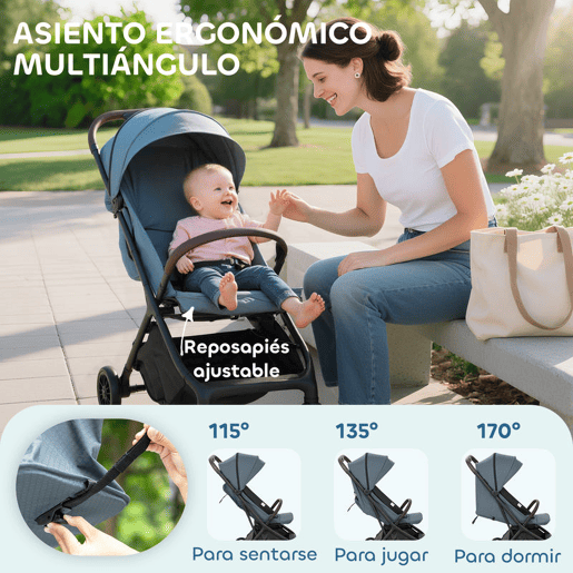AIYAPLAY Carrinho de Bebé Leve Carrinho de Bebé Dobrável com Encosto Reclinável Apoia-Pés Ajustável Capota Arnês de 5 Pontos Rodas com Suspensão Carga Máxima 15 kg 87x50x103 cm Azul Escuro