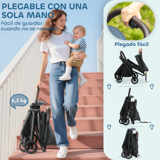 AIYAPLAY Carrinho de Bebé Leve Carrinho de Bebé Dobrável com Encosto Reclinável Apoia-Pés Ajustável Capota Arnês de 5 Pontos Rodas com Suspensão Carga Máxima 15 kg 87x50x103 cm Azul Escuro