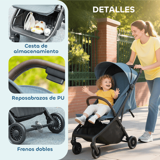 AIYAPLAY Carrinho de Bebé Leve Carrinho de Bebé Dobrável com Encosto Reclinável Apoia-Pés Ajustável Capota Arnês de 5 Pontos Rodas com Suspensão Carga Máxima 15 kg 87x50x103 cm Azul Escuro