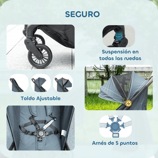 AIYAPLAY Carrinho de Bebé Leve Carrinho de Bebé Dobrável com Encosto Reclinável Apoia-Pés Ajustável Capota Arnês de 5 Pontos Rodas com Suspensão Carga Máxima 15 kg 87x50x103 cm Azul Escuro