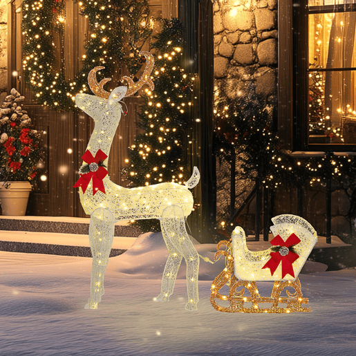 Outsunny Rena com Trenó Luminoso Decoração de Natal com 170 LED Branco Quente Iluminação Natalícia para Interior Exterior e Jardim 50x29x42 cm Multicor Outsunny Rena com Trenó Luminoso Decoração de Natal com 170 LED Branco Quente Iluminação Natalícia para Interior Exterior e Jardim 50x29x42 cm Multicor